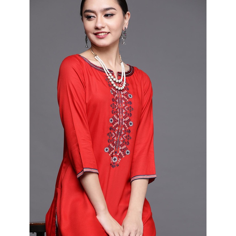 Biba Women Red Solid Kurta With Thread Work