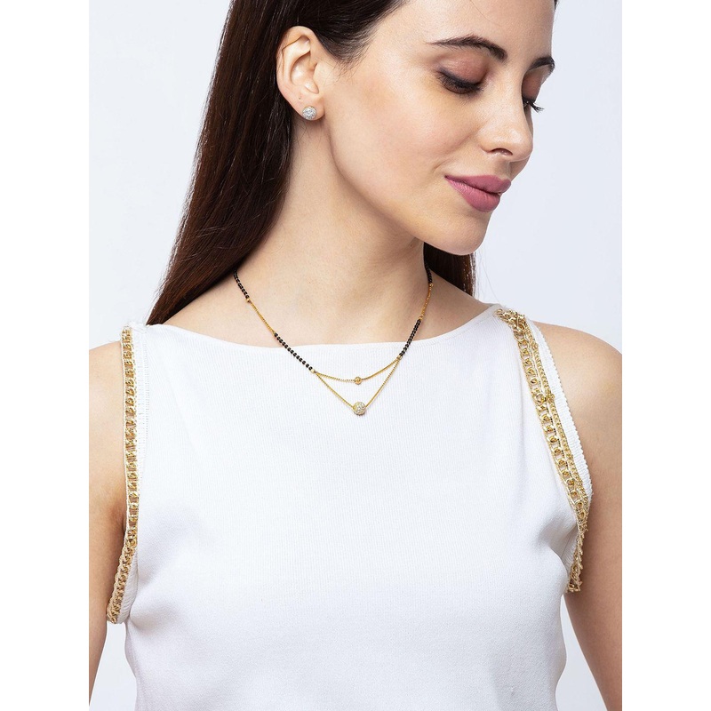 Digital Dress Room Gold-Plated Double Chain Layer Stone Studded & Beaded Mangalsutra
