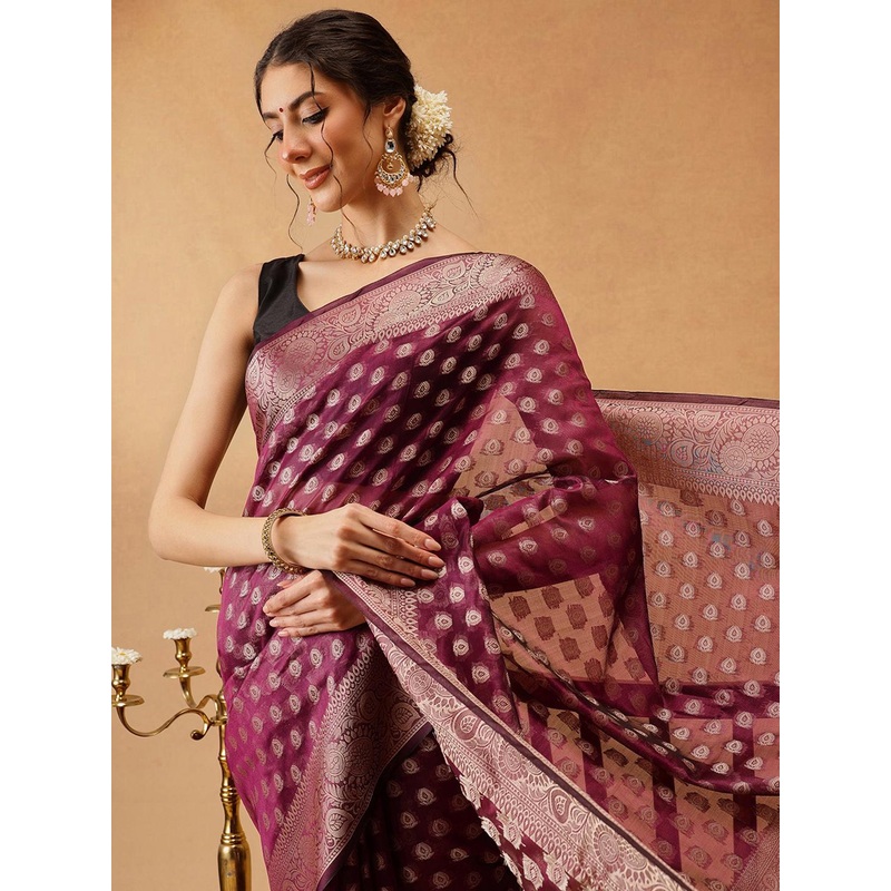 DIVASTRI Banarasi Organza Soft Silk Wine Saree