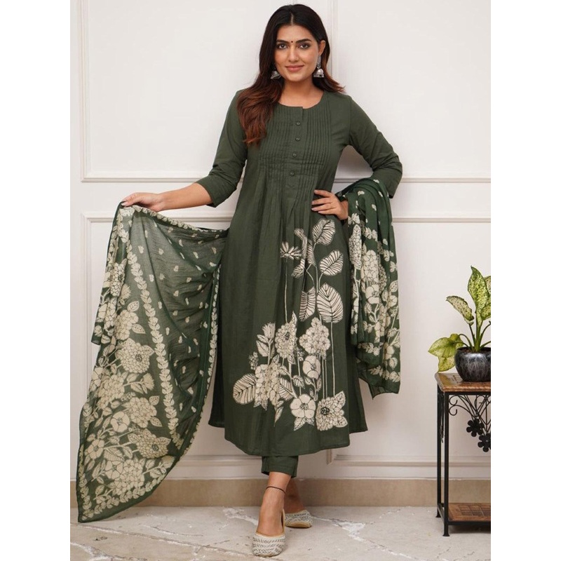 GoSriKi Women Printed Anarkali Kurta with Trousers & With Dupatta