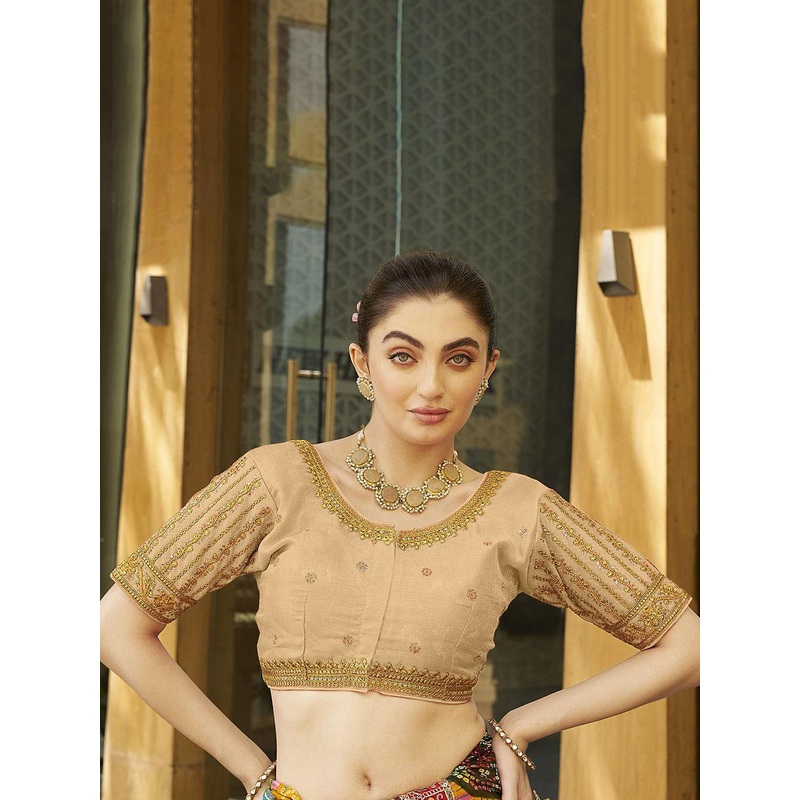 HERE&NOW Embroidered Silk Round Neck Readymade Saree Blouse