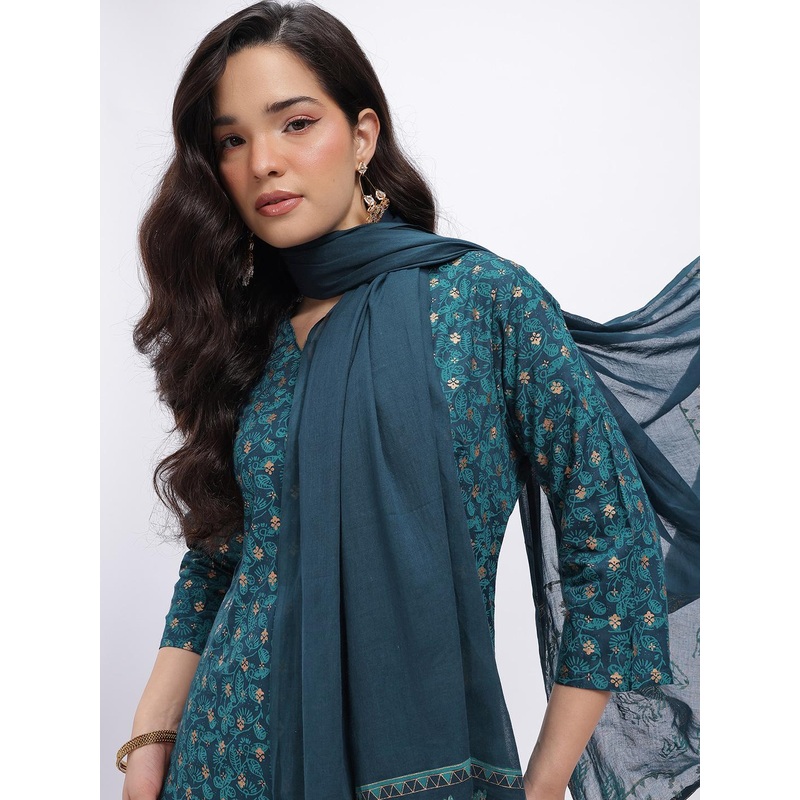 HERE&NOW Floral Printed V-Neck Straight Kurta with Trousers & Dupatta