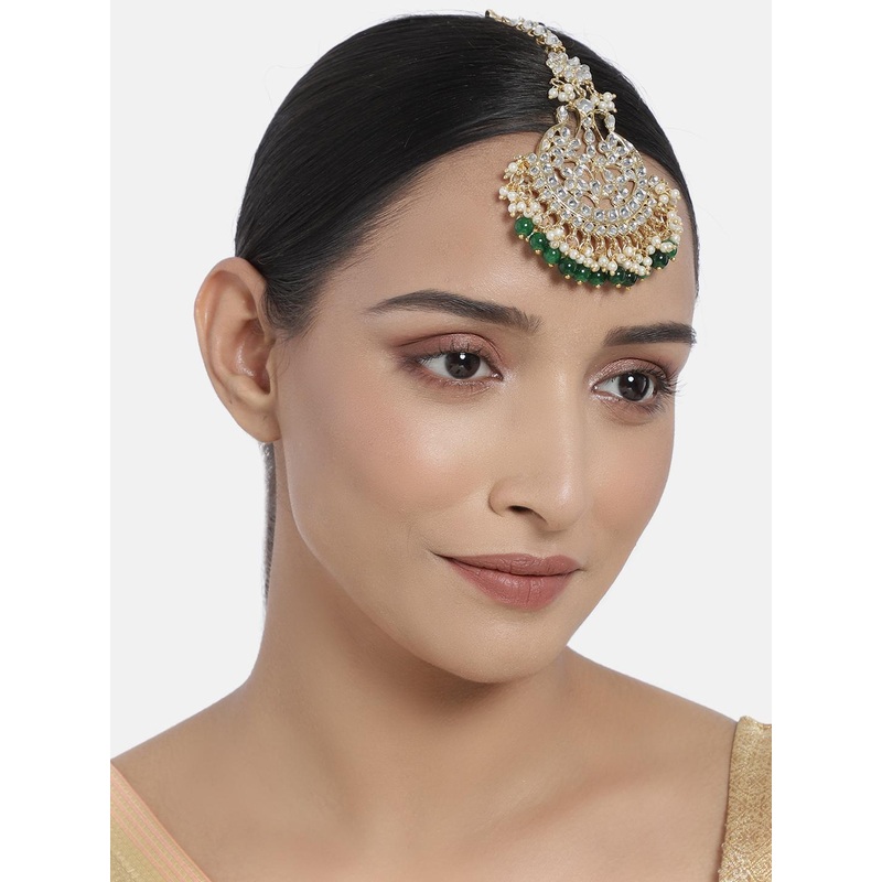 I Jewels Green & White Gold-Plated Kundan-Studded Handcrafted Maangtikka