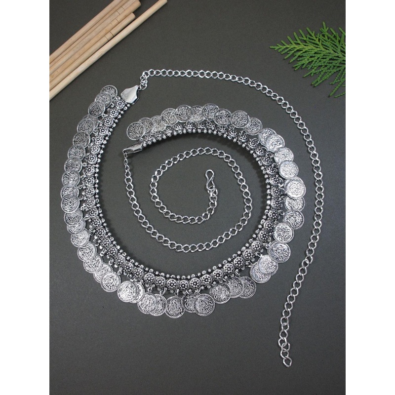 I Jewels Oxidised Adjustable Coin Tasselled Waist Chain