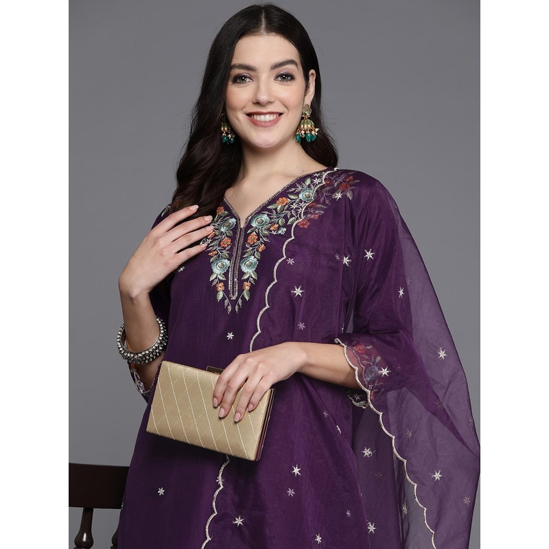 Indo Era Women Floral Yoke Design Regular Thread Work Kurta with Trousers & Dupatta