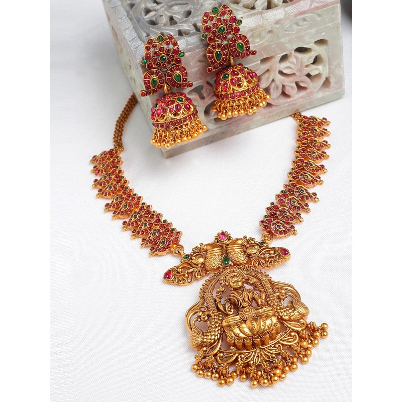 PANASH Gold-Plated & Stone-Studded Temple Jewellery Set