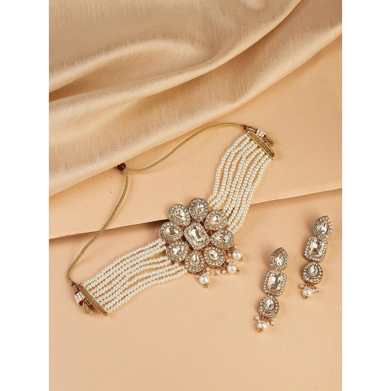 Peora Gold-Plated White Crystal Studded Jewellery Set