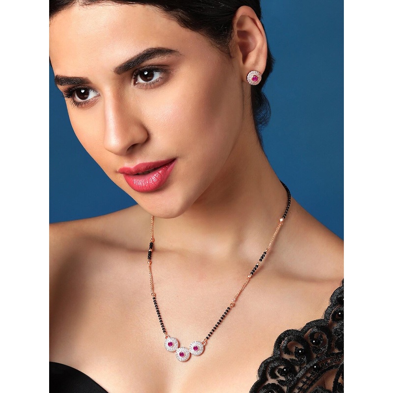 Rubans 24K Gold-Plated AD-Studded & Beaded Mangalsutra With Earrings