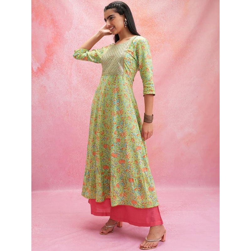 Vishudh Green Floral Printed Round Neck Mirror Work Panelled Anarkali Kurta