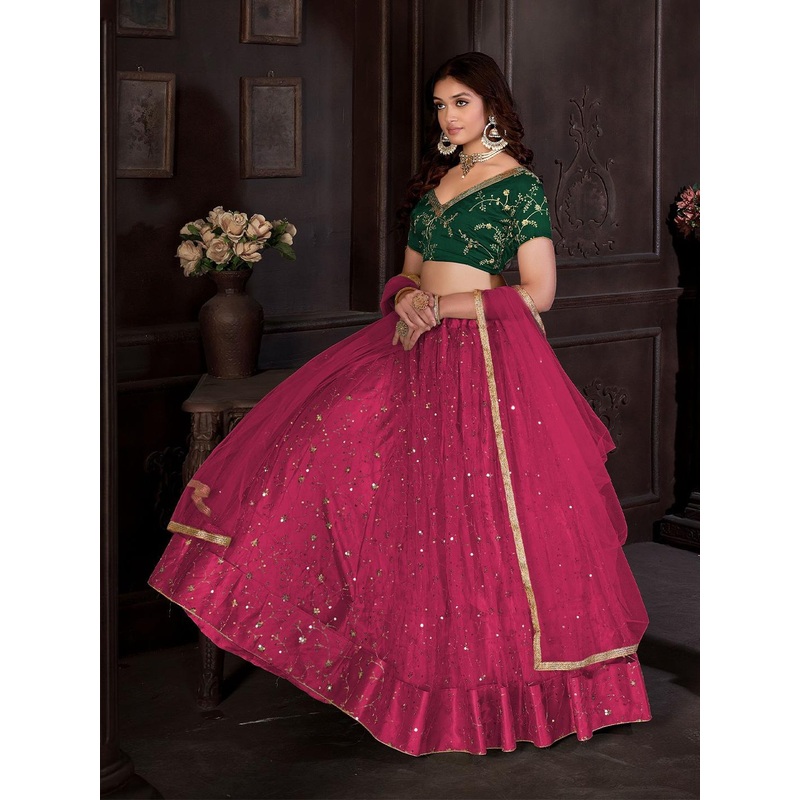 Warthy Ent Embroidered Sequinned Net Semi-Stitched Lehenga & Unstitched Blouse & Dupatta