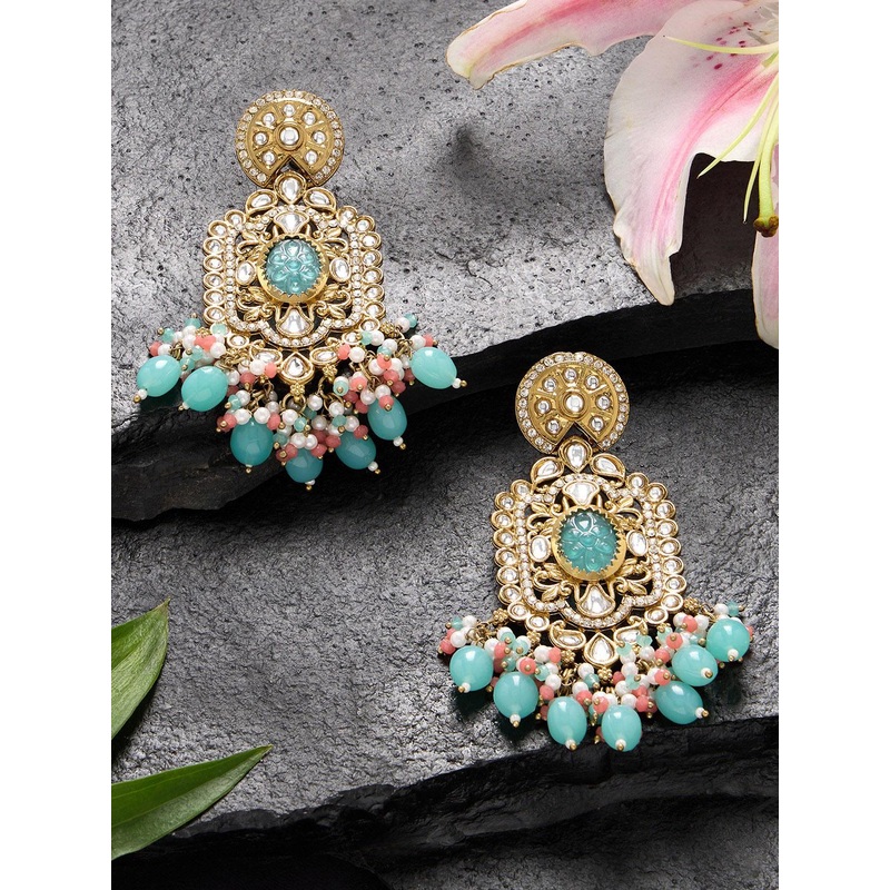 Zaveri Pearls Gold-Plated Kundan Stone Studded & Clustered Beads Beaded Drop Earrings