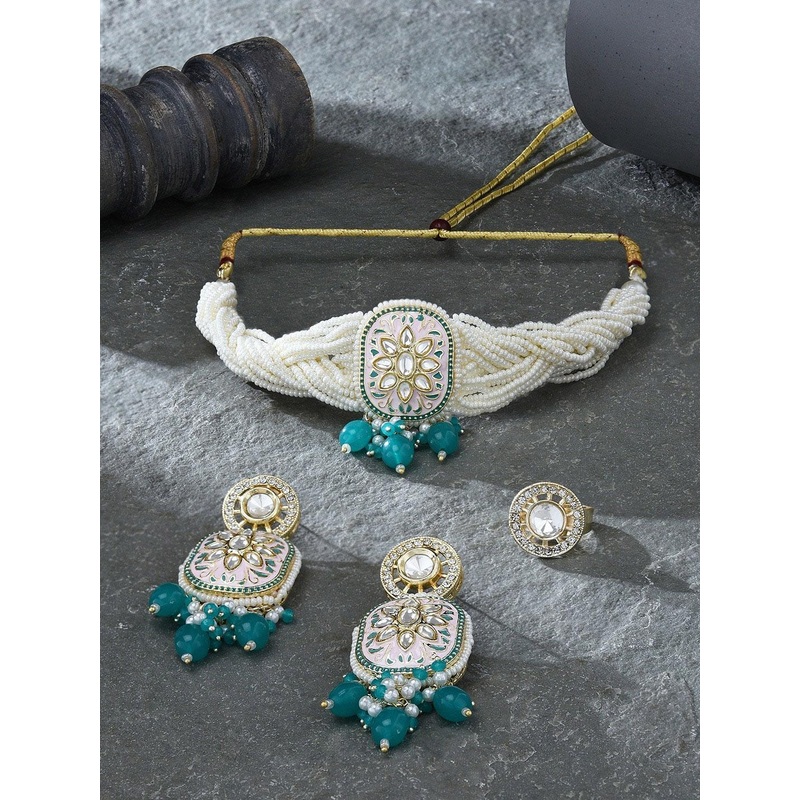 Zaveri Pearls Gold-Plated Meenakari Multistrand Beaded & Kundan-Studded Jewellery Set