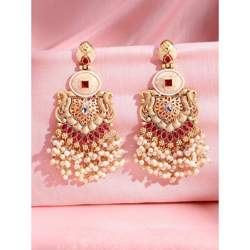 ADIVA 22K Gold-plated Kundan Studded And Artificial Beaded Teardrop Shaped Drop Earrings