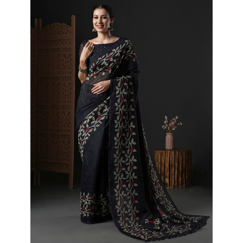 Anouk Black & Red Floral Printed Block Print Saree