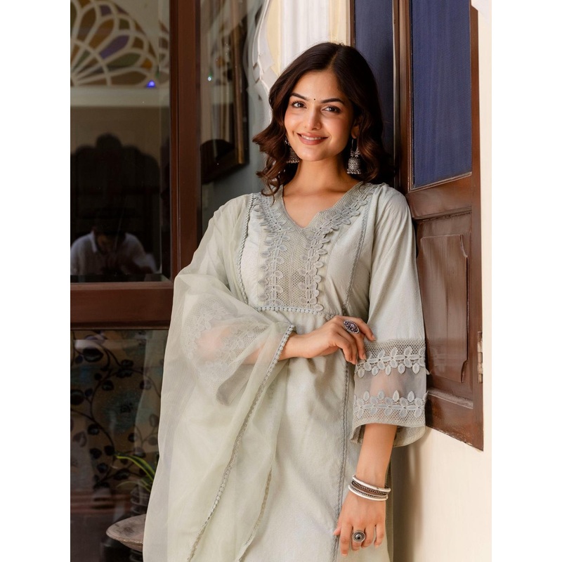 Anouk Ethnic Motifs Embroidered Pure Cotton Straight Kurta With Palazzos & Dupatta
