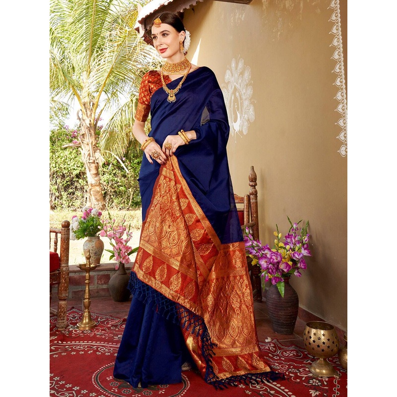 Anouk Rustic Blue & Red Solid Zari Banarasi Saree
