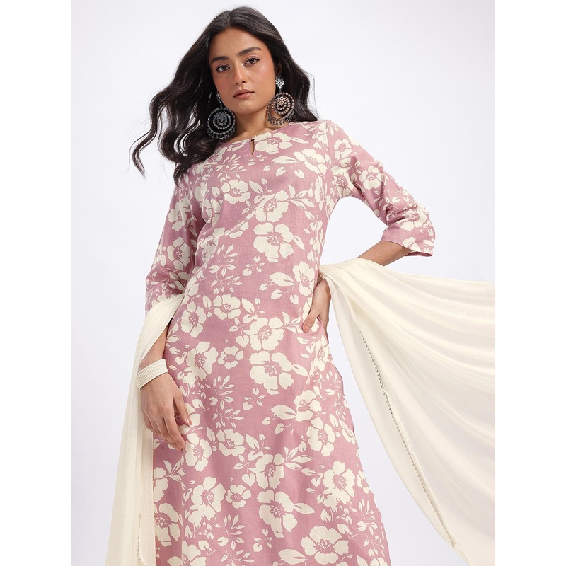 Anouk Rustic Floral Printed Gotta Patti Cotton Kurta with Trousers & With Dupatta