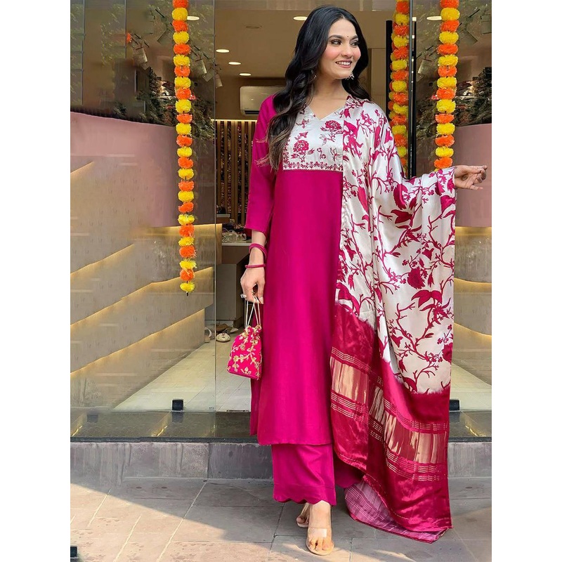 GoSriKi Floral Printed Yoke Design V-Neck Straight Kurta With Palazzos And Dupatta