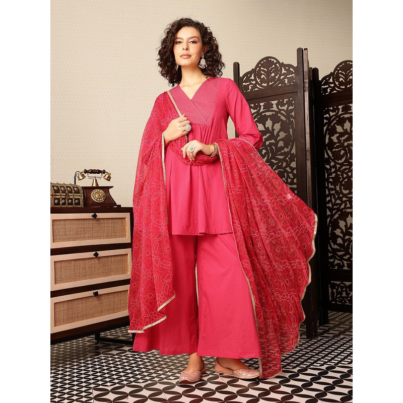 House of Pataudi Striped Angrakha Pure Cotton Kurta with Palazzos & Dupatta