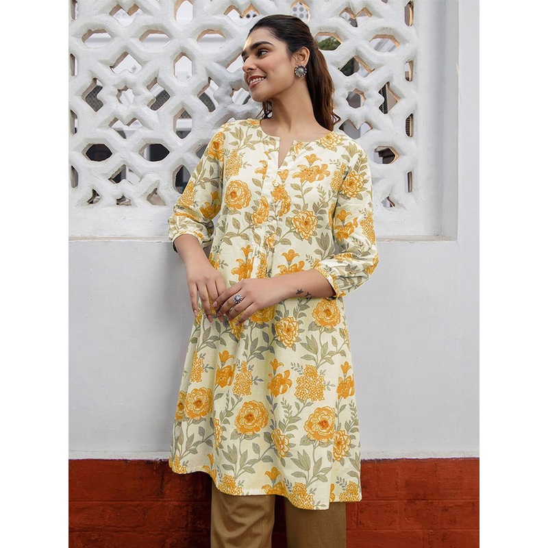 Janasya Women’s Off White Pure Cotton Floral Printed A-Line Tunic