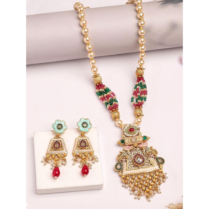 KARATCART Gold-Plated Stones Studded & Beaded Meenakari Work Rani Haar Jewellery Set