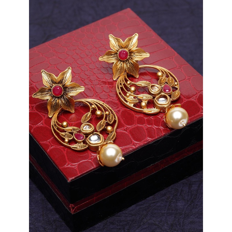 PANASH Gold-Plated & Red Pearl Studded Floral Antique Drop Earrings