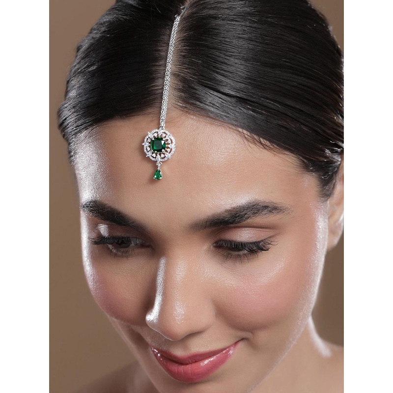 Rubans Rhodium-Plated Emerald Green & Cubic Zirconia Studded Maang Tikka