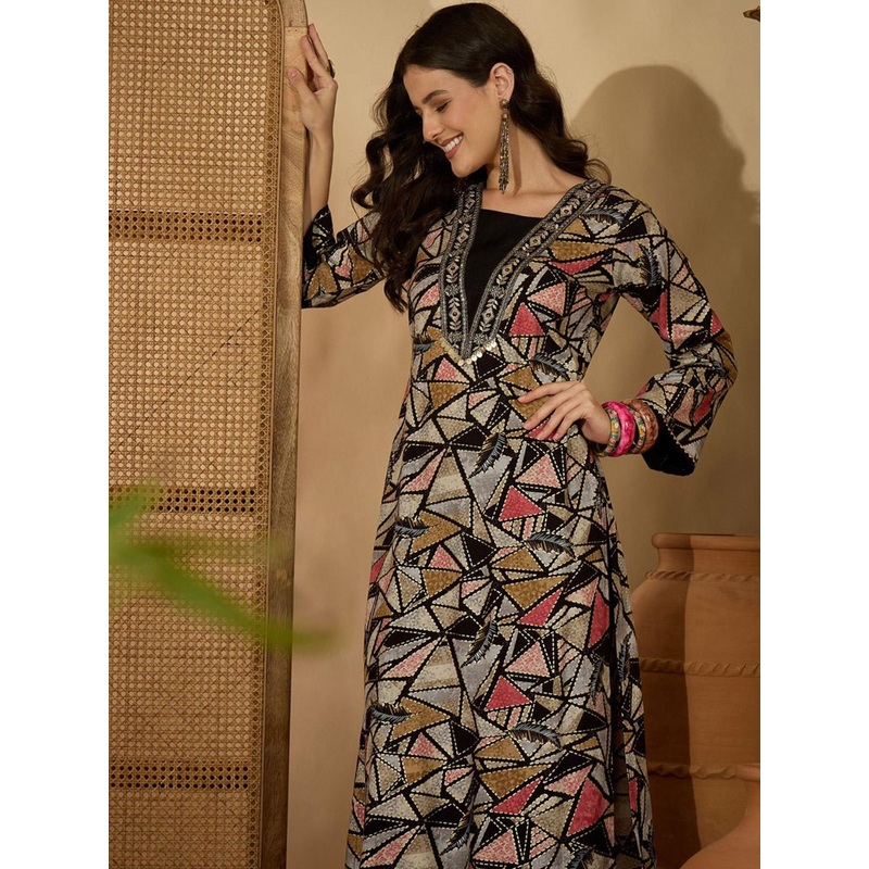 Sangria Abstract Print & Embroidered A-line Bell Sleeves Long Kurta