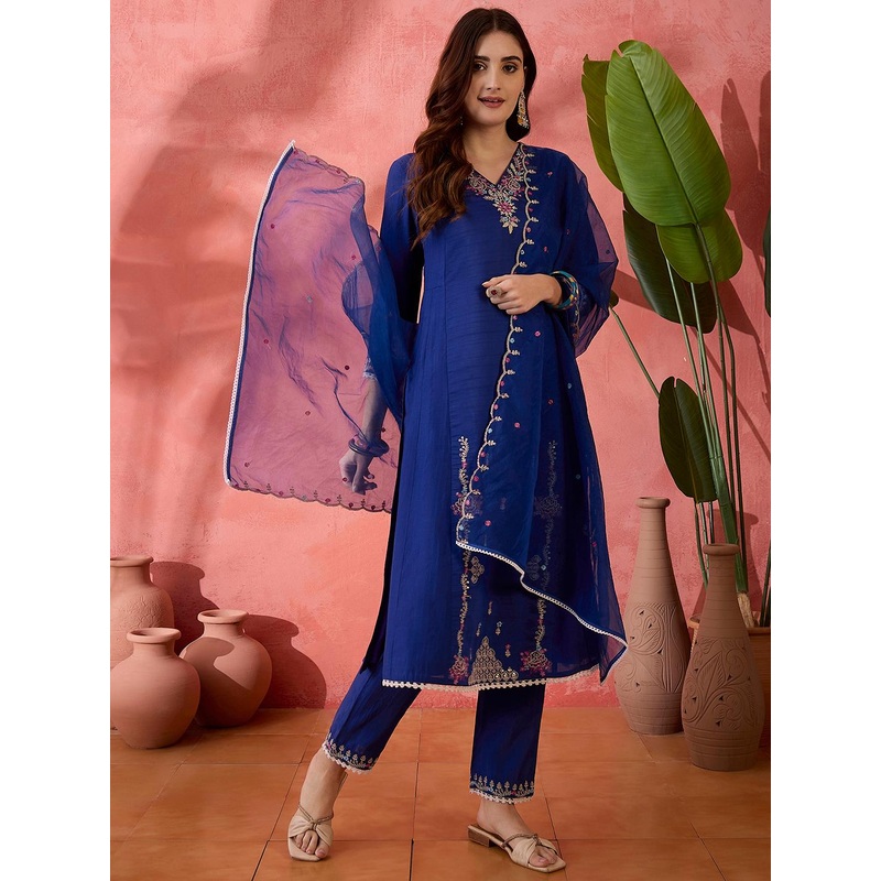 Sangria Blue Floral Embroidered V-Neck Sequinned Straight Kurta With Trousers And Dupatta