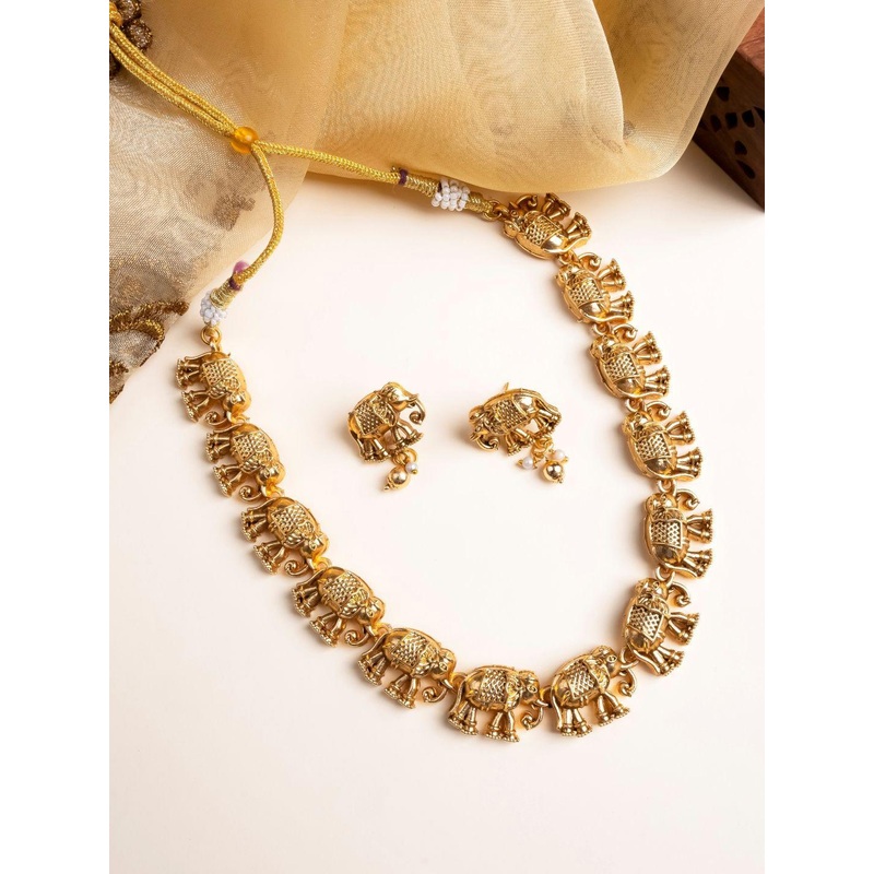 StileAdda Gold Matte Finish Gajanan Necklace Set With Earrings