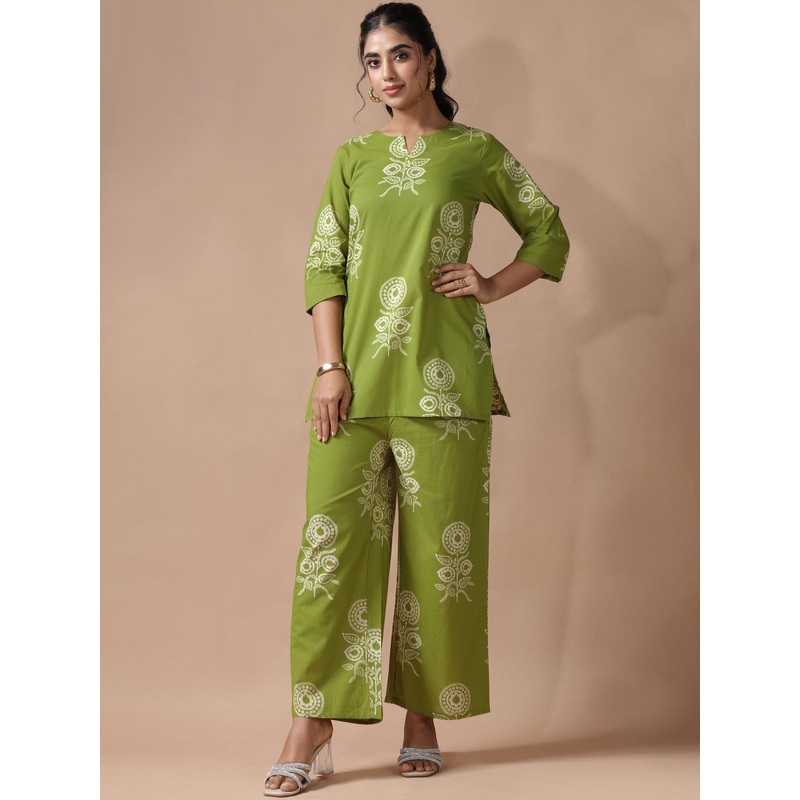 SZN Women Green Pure Cotton Printed Co-Ords