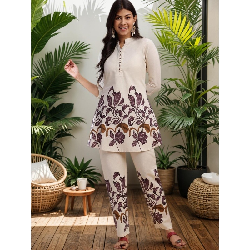 SZN Women’s Purple Floral Print A-Line Cotton Flex Stitched Co-Ord Set