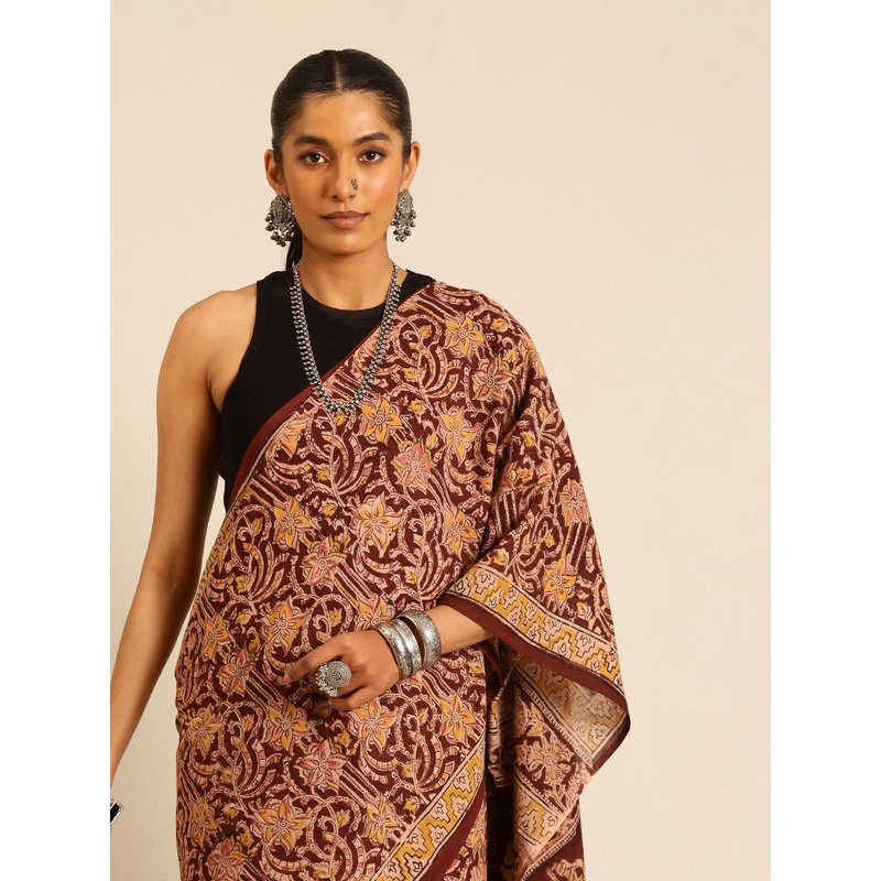 Taavi Kalamkari Pure Cotton Handloom Hand Block Print Saree