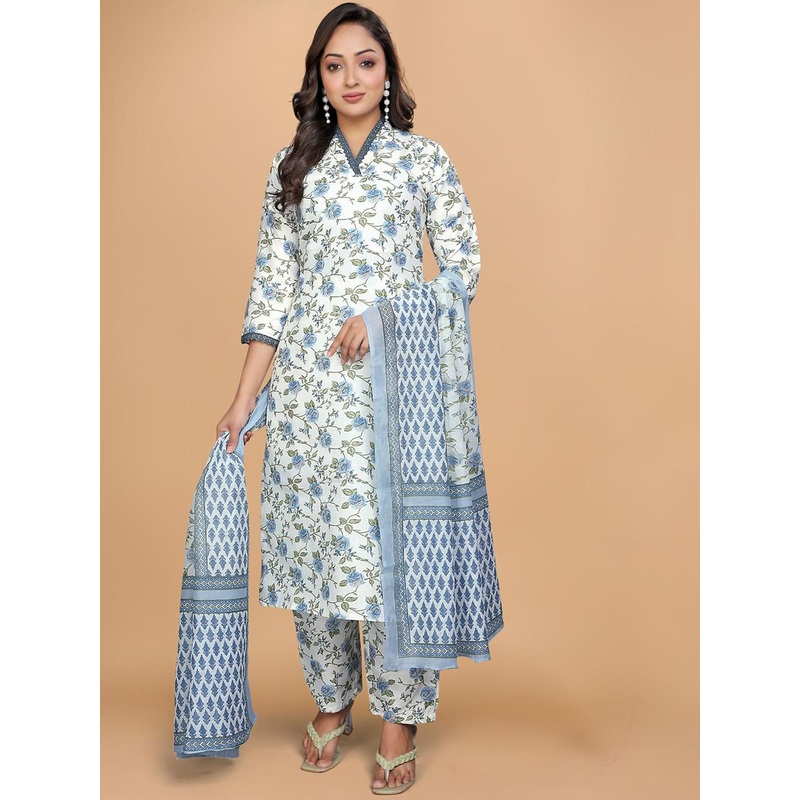 VKOM’S Embroidered V Neck Kurta with Palazzo and Dupatta