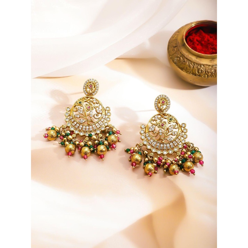 Women 22K Gold-Plated Ruby Red & Emerald, CZ Studded and Beaded Chandbali Earrings