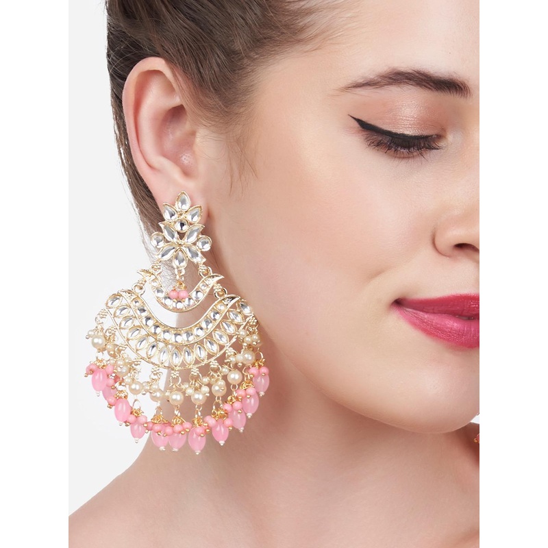 Zaveri Pearls Pink Kundan Studded Chandbalis Earrings