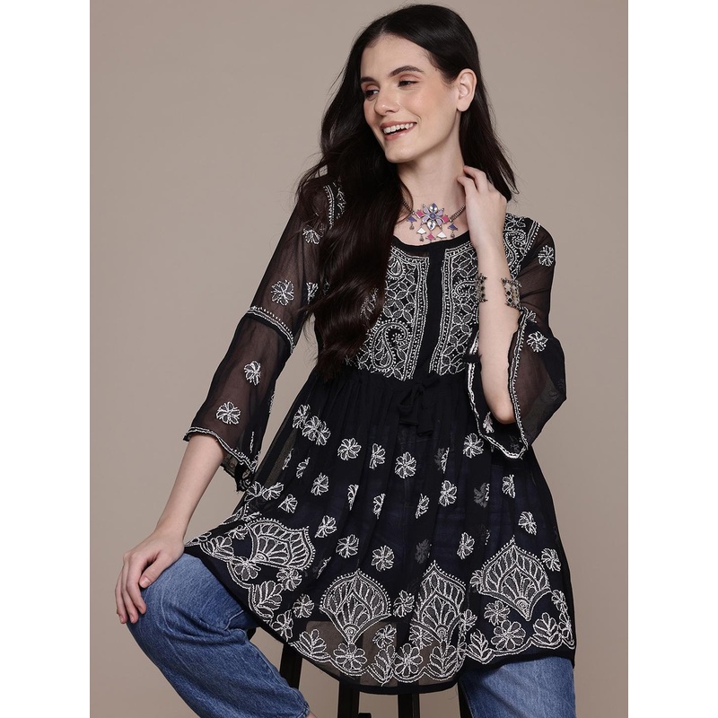 Aaina by Yashika Floral Embroidered Chikankari Pure Georgette Chikankari Pleated Kurti