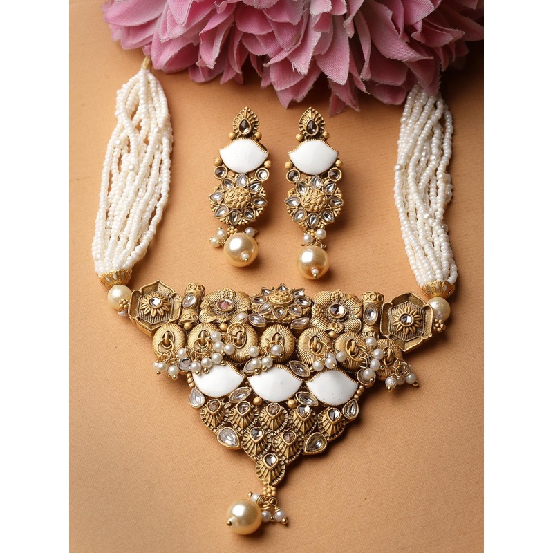 ADIVA Gold Plated Kundan Studded & Beaded Meenakari Jewellery Set