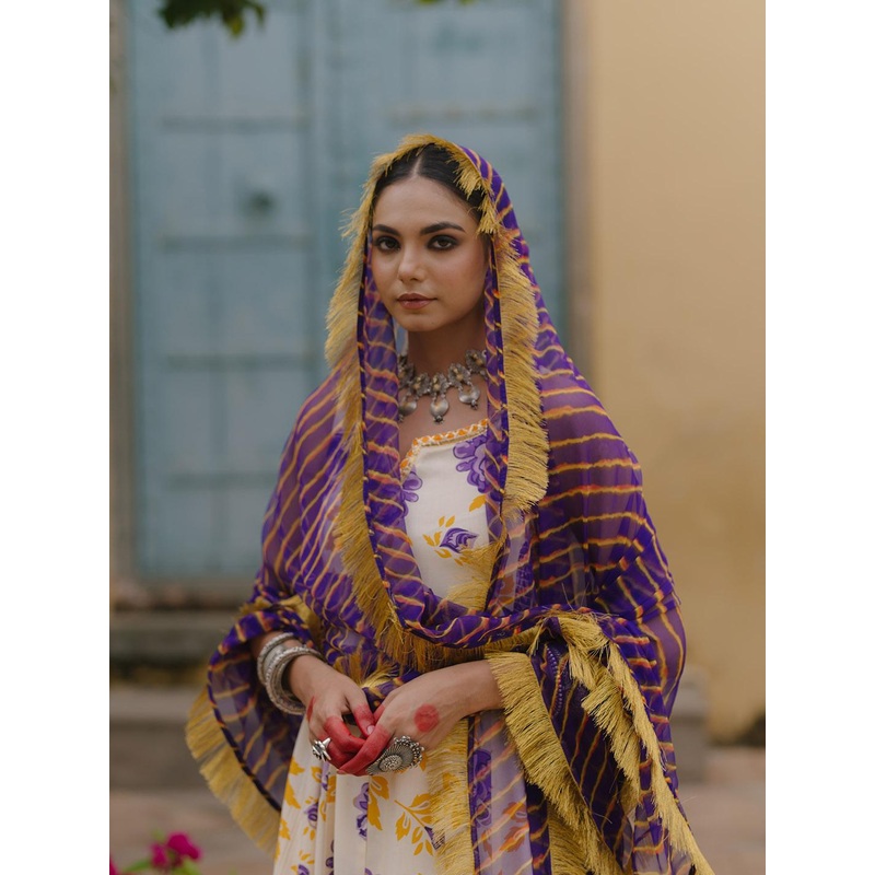 anayna Women Floral Printed Pleated Gotta Patti Kurta with Trousers & With Dupatta