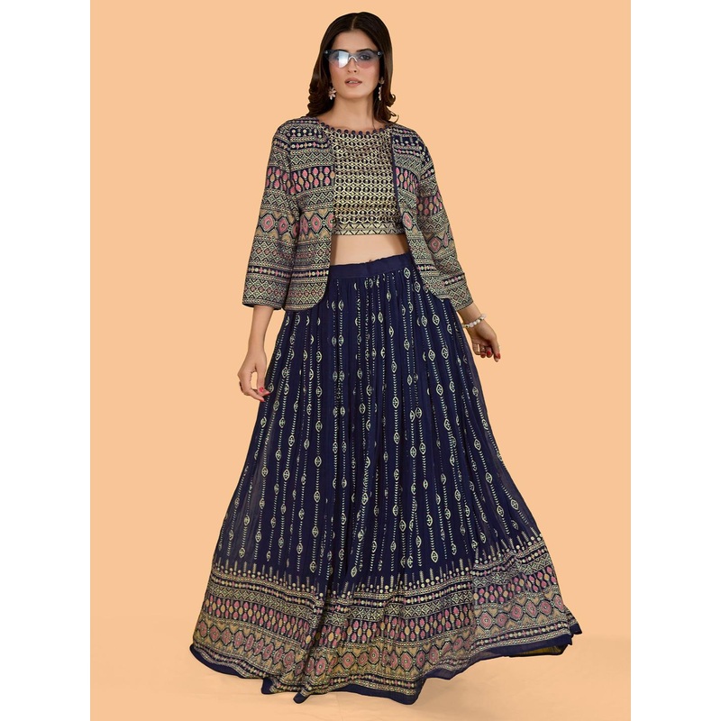 CHANSI Navy Embroidered Sequinned Foil Print Ready to Wear Lehenga & Choli With Jacket