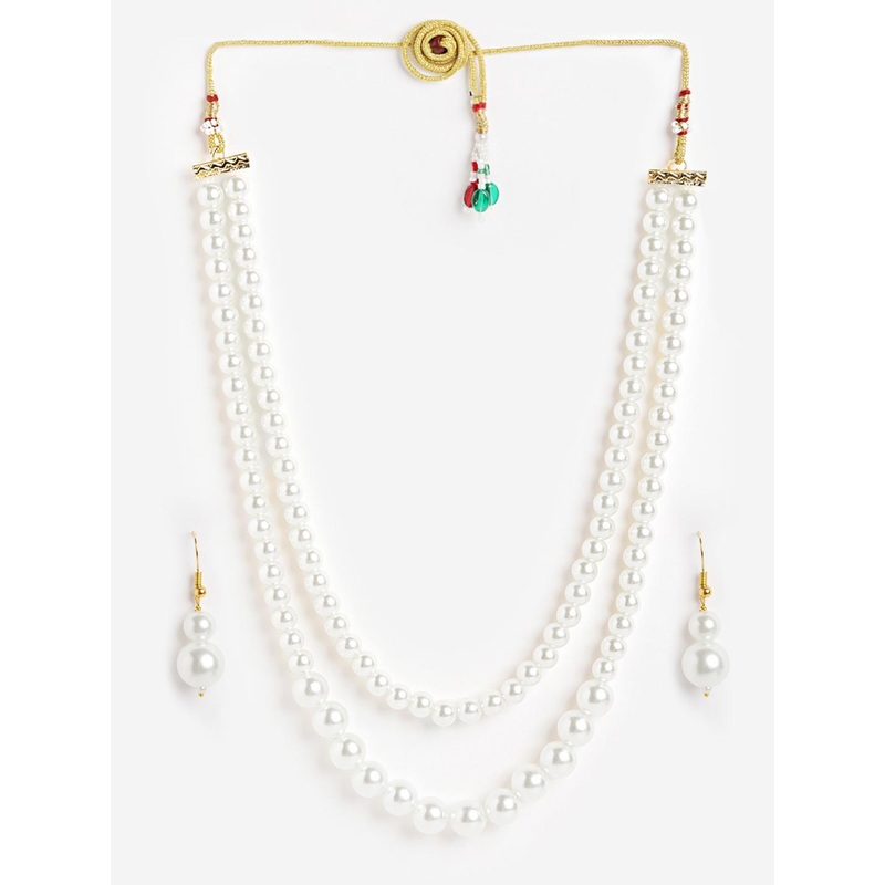 DressBerry Gold Plated Double Layered Pearl Long Necklace with Earring Set