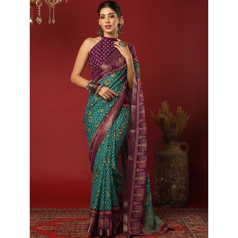 HERE&NOW  Womens Georgette Bandhani Printed Saree With Unstiched Blouse Piece