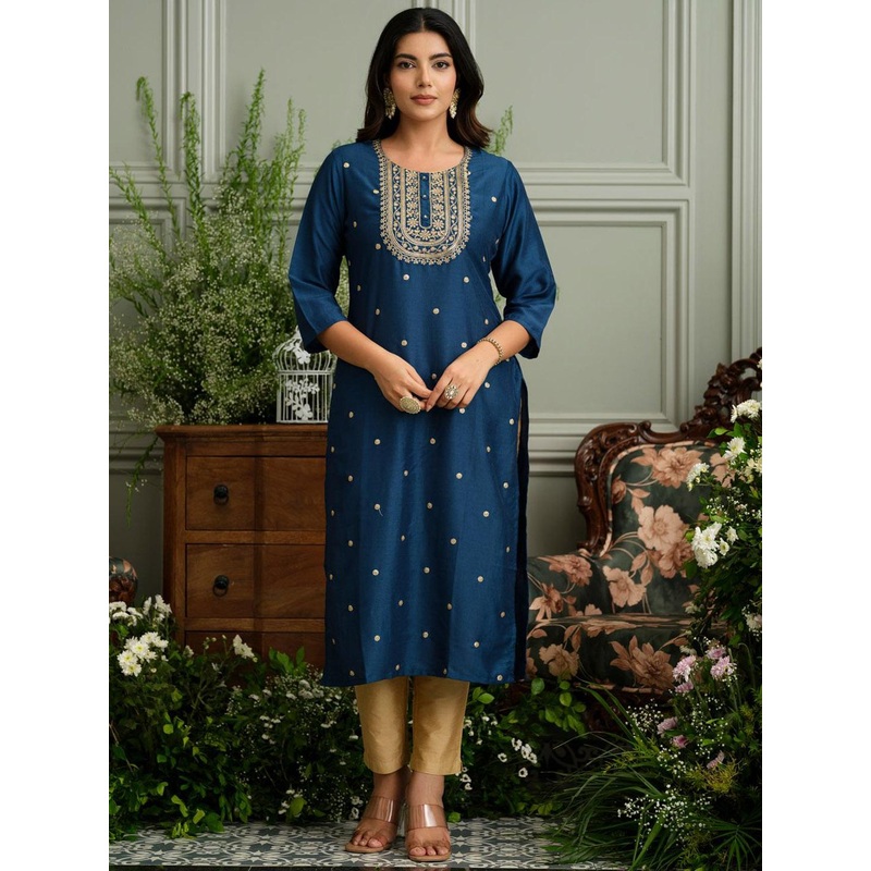 House of Pataudi Ethnic Motifs Embroidered Sequinned Straight Kurta