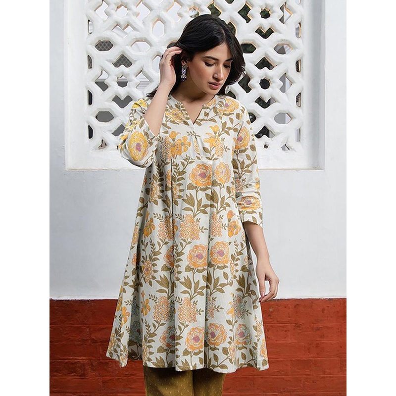 Janasya Women Off White Cotton Floral Printed A-line Tunic