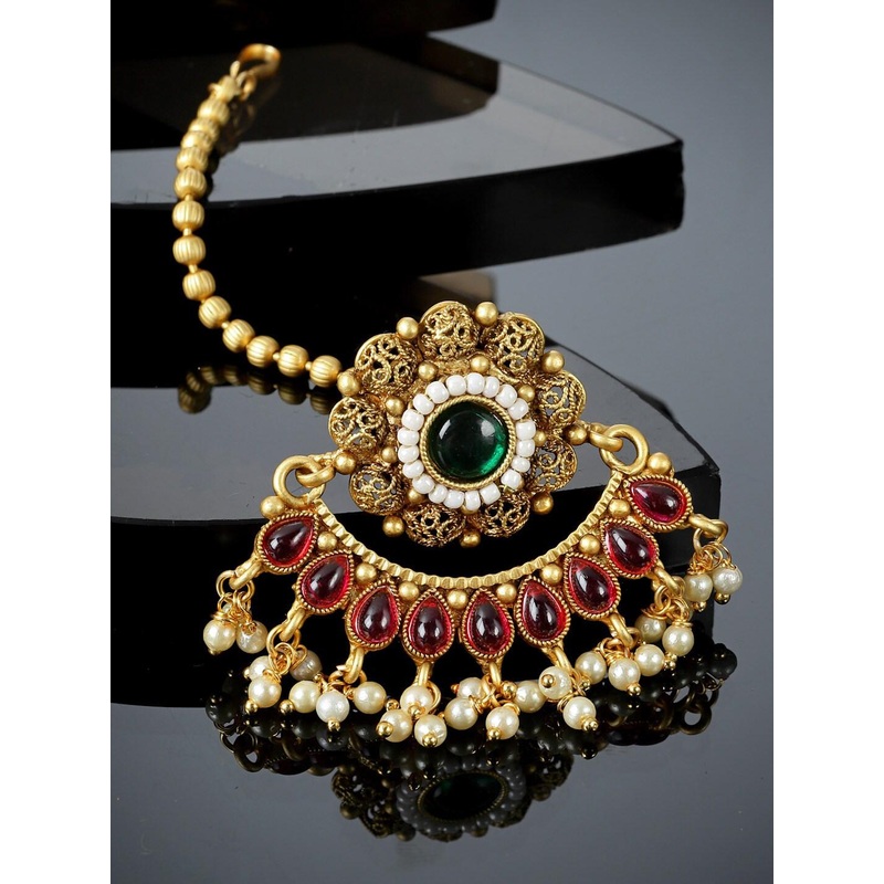 PANASH Gold-Plated Handcrafted Stone-Studded & Pearl-Beaded Borla Maang Tikka
