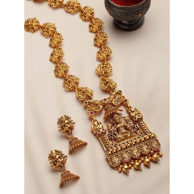 PANASH Red Gold Plated Temple Jewellery Set