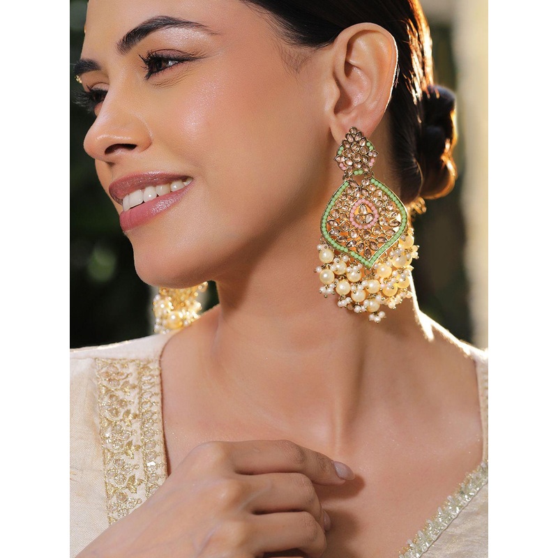 Rubans 18K Gold-Plated Pastel Green Kundan & Glossy Off-White Pearl Beaded Long Chandelier