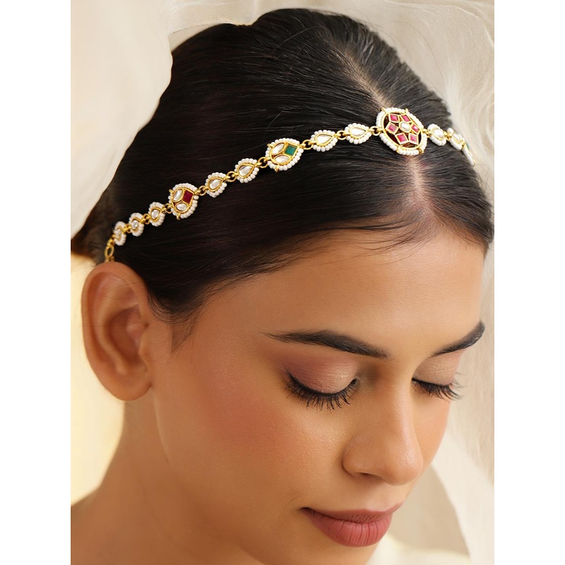 Rubans 18K Gold-Plated Red, Green & White Kundan & Pearl Beaded Matha Patti Head Jewellery