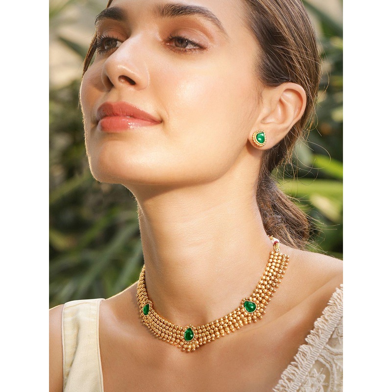 Rubans 22K Gold-Plated Emerald Green Stone Studded Traditional Temple Jewelry Set