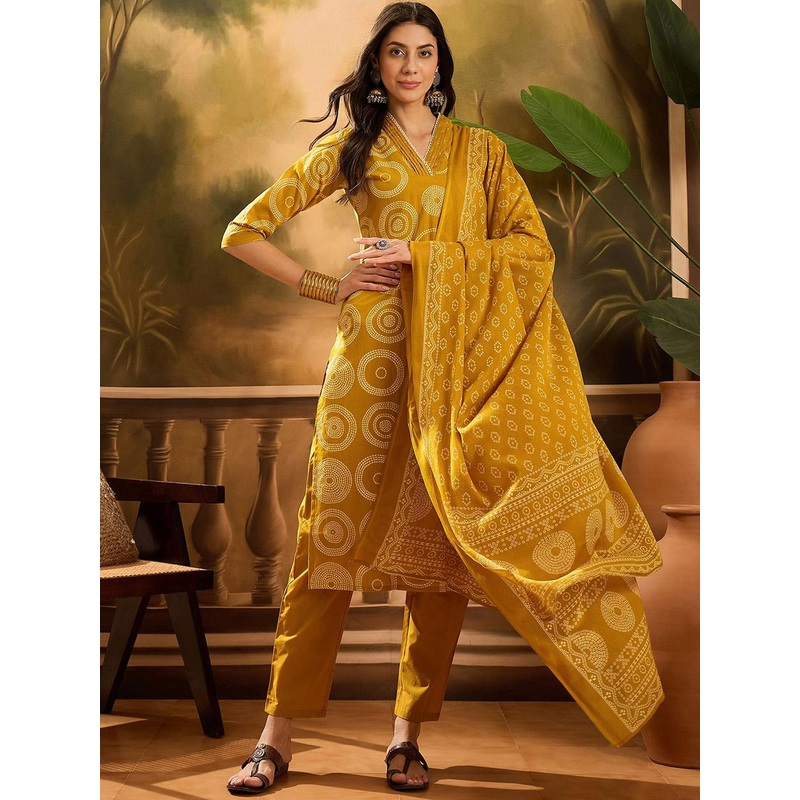 Sangria Bandhani Printed Pure Cotton Straight Kurta With Trousers & Dupatta Set